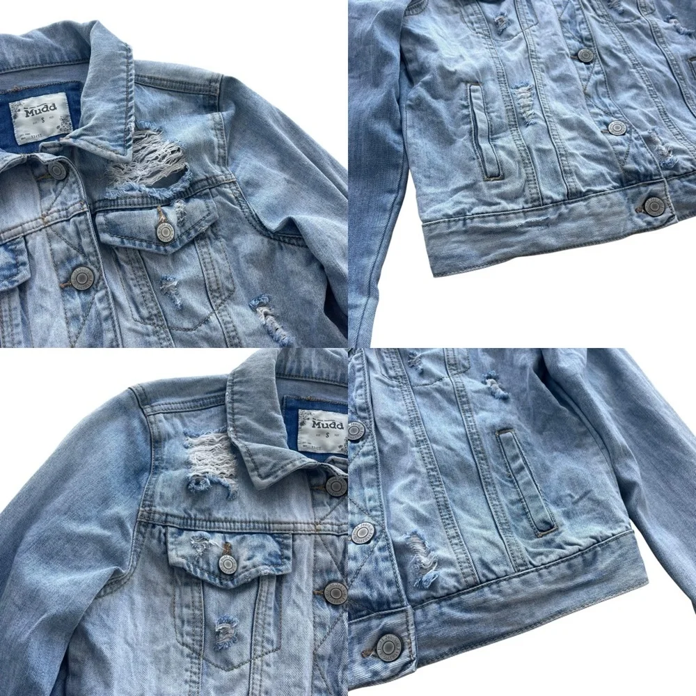 Mudd Women's Sz Small Light Wash Blue Denim Distressed Button Jean Jacket 210111